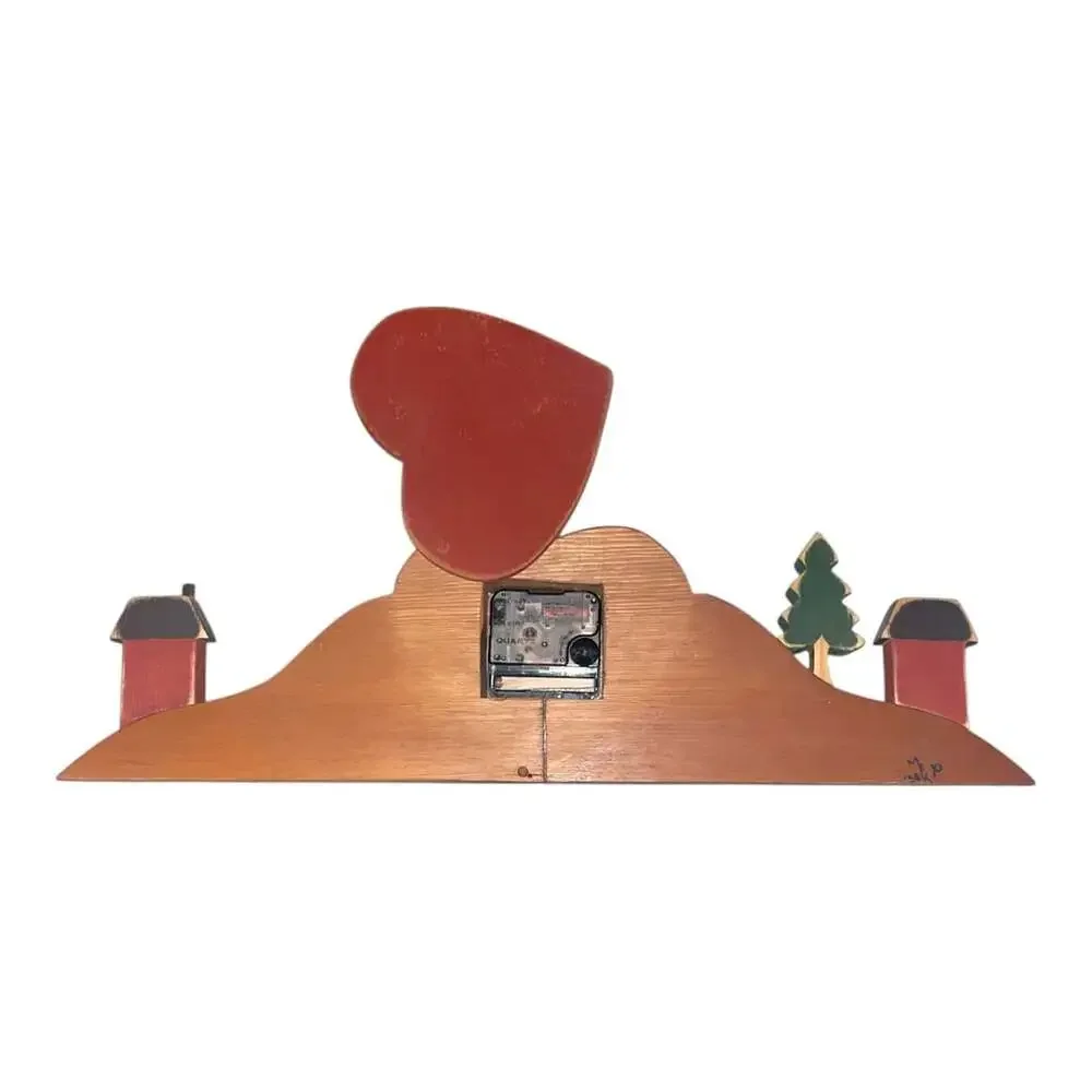 Vintage Hand Crafted Folk Art Wooden Heart Mantel Clock with Village and Tree